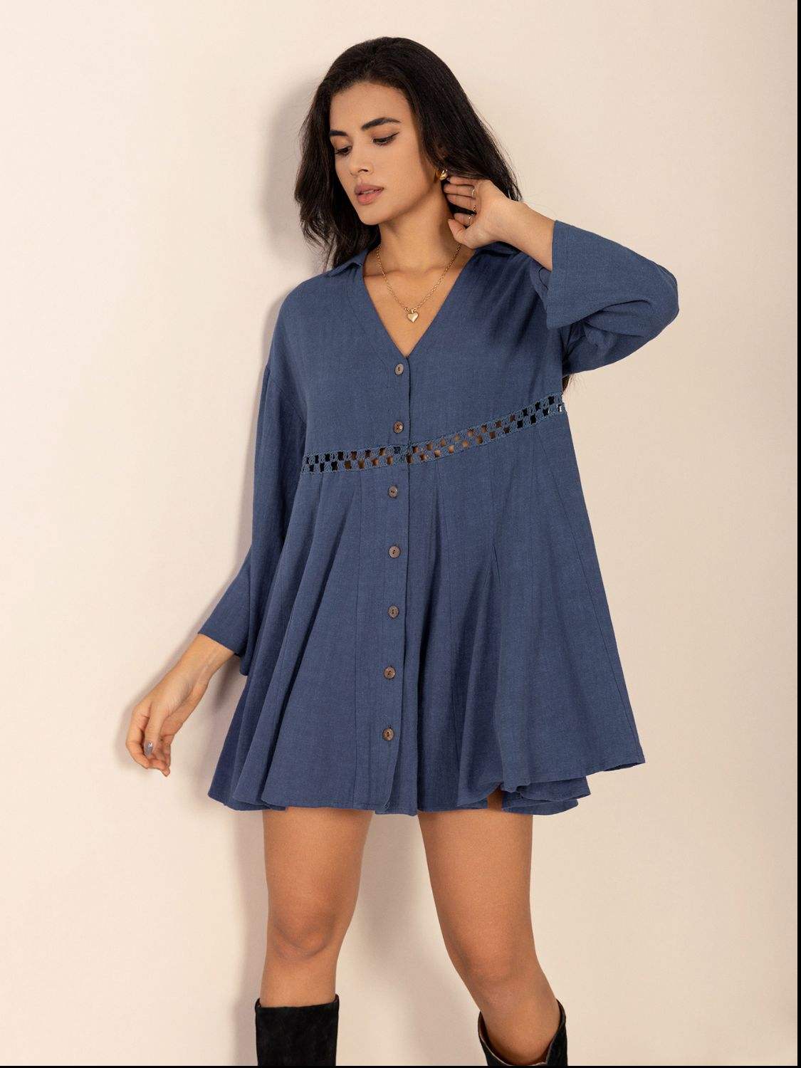 Cutout Johnny Collar Long Sleeve Mini Dress - Trendsi - Flyclothing LLC