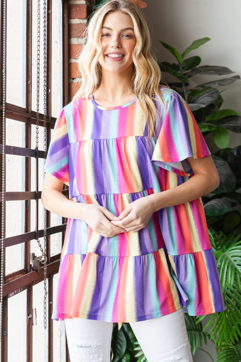 Heimish Full Size Short Sleeve Striped Tiered Top - Trendsi