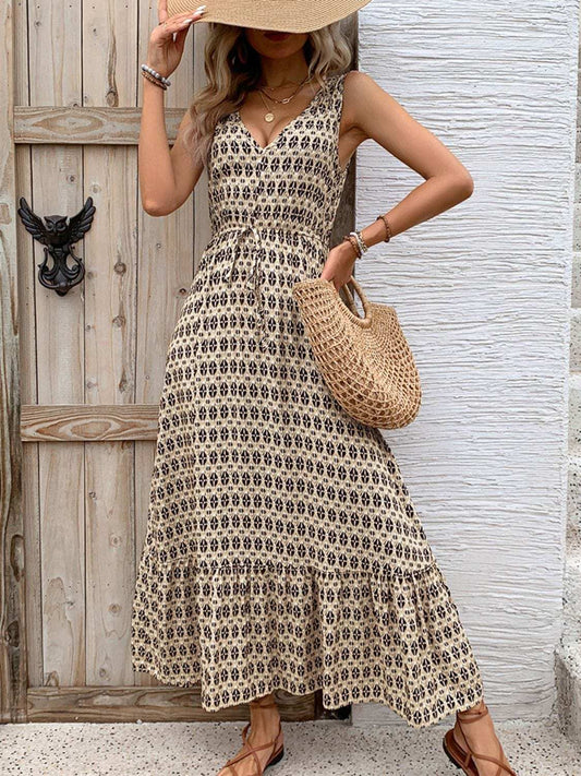 Printed V-Neck Tie Waist Midi Dress - Trendsi - Flyclothing LLC