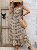Printed V-Neck Tie Waist Midi Dress - Trendsi