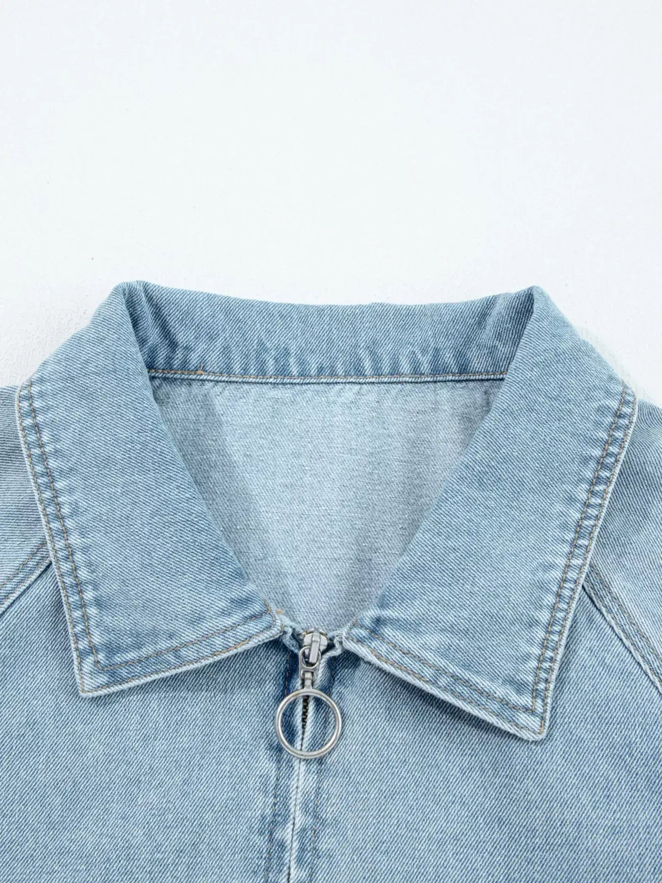 Elastic Edge Collared Zip Up Denim Jacket With Pocket - Trendsi - Flyclothing LLC