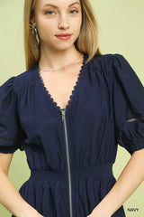 Umgee Zip-Front Smocked Waist Midi Dress - Trendsi - Flyclothing LLC