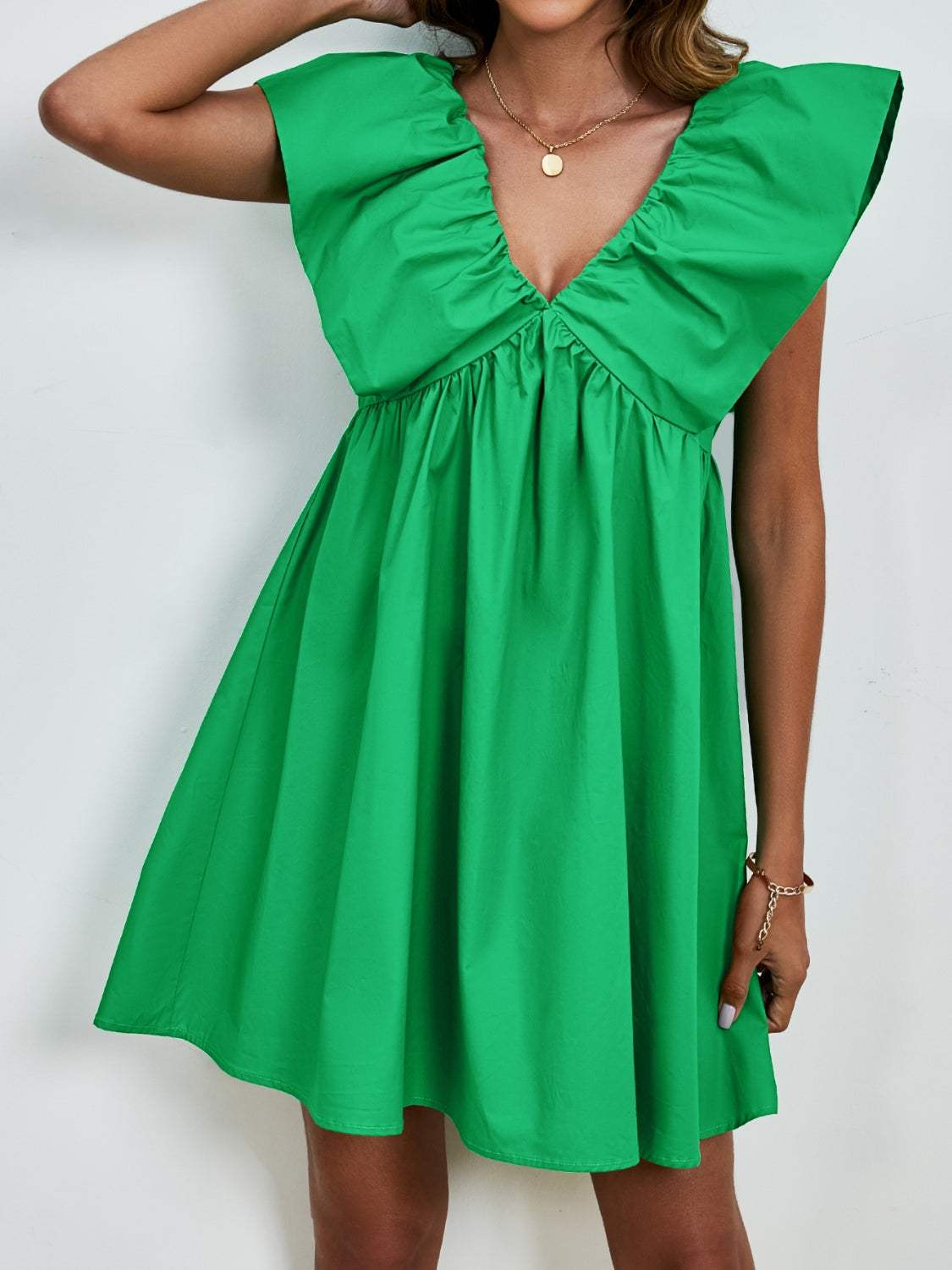 V-Neck Cap Sleeve Mini Dress - Trendsi - Flyclothing LLC