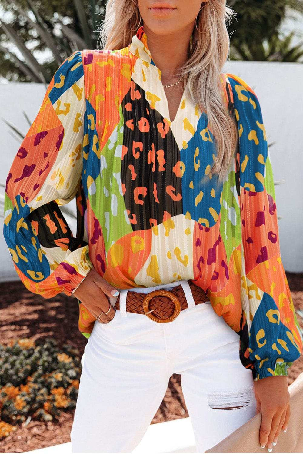 Printed Notched Long Sleeve Blouse - Trendsi - Flyclothing LLC