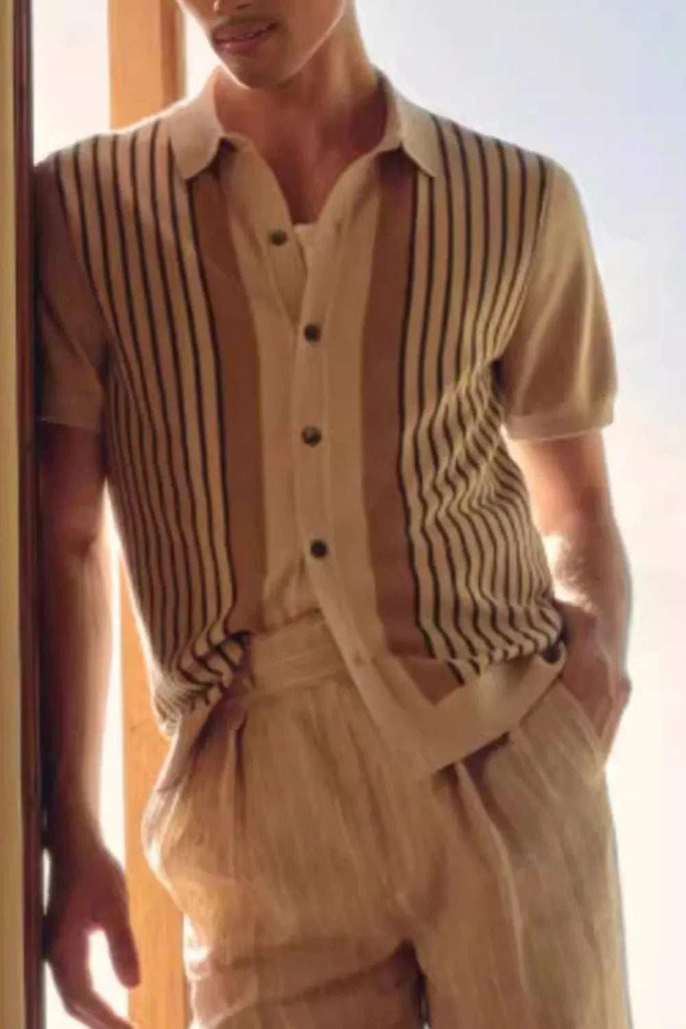 Men's Plus Size Striped Button Up Short Sleeve Shirt - Trendsi - Flyclothing LLC