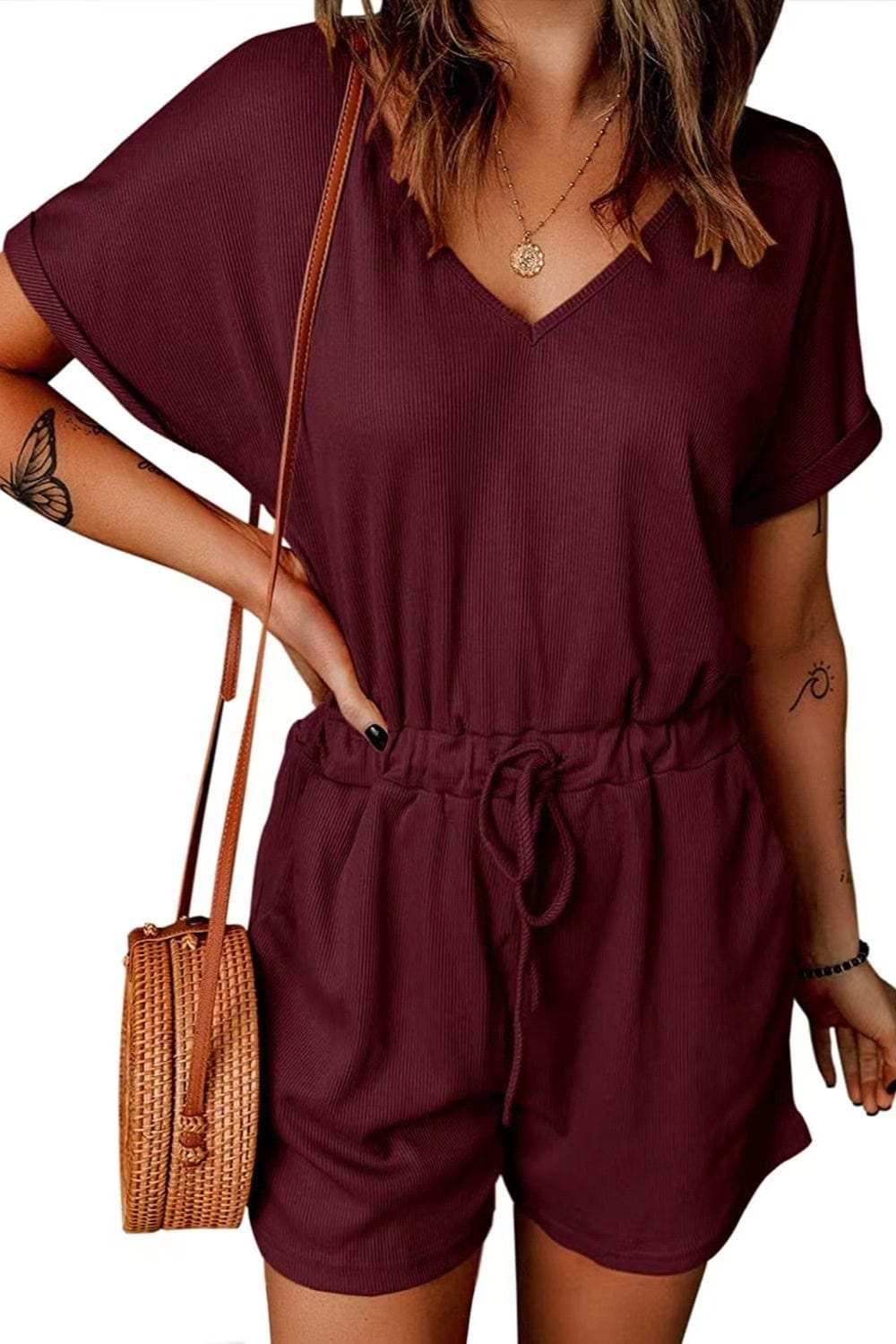 Full Size Drawstring V-Neck Short Sleeve Romper - Trendsi - Flyclothing LLC