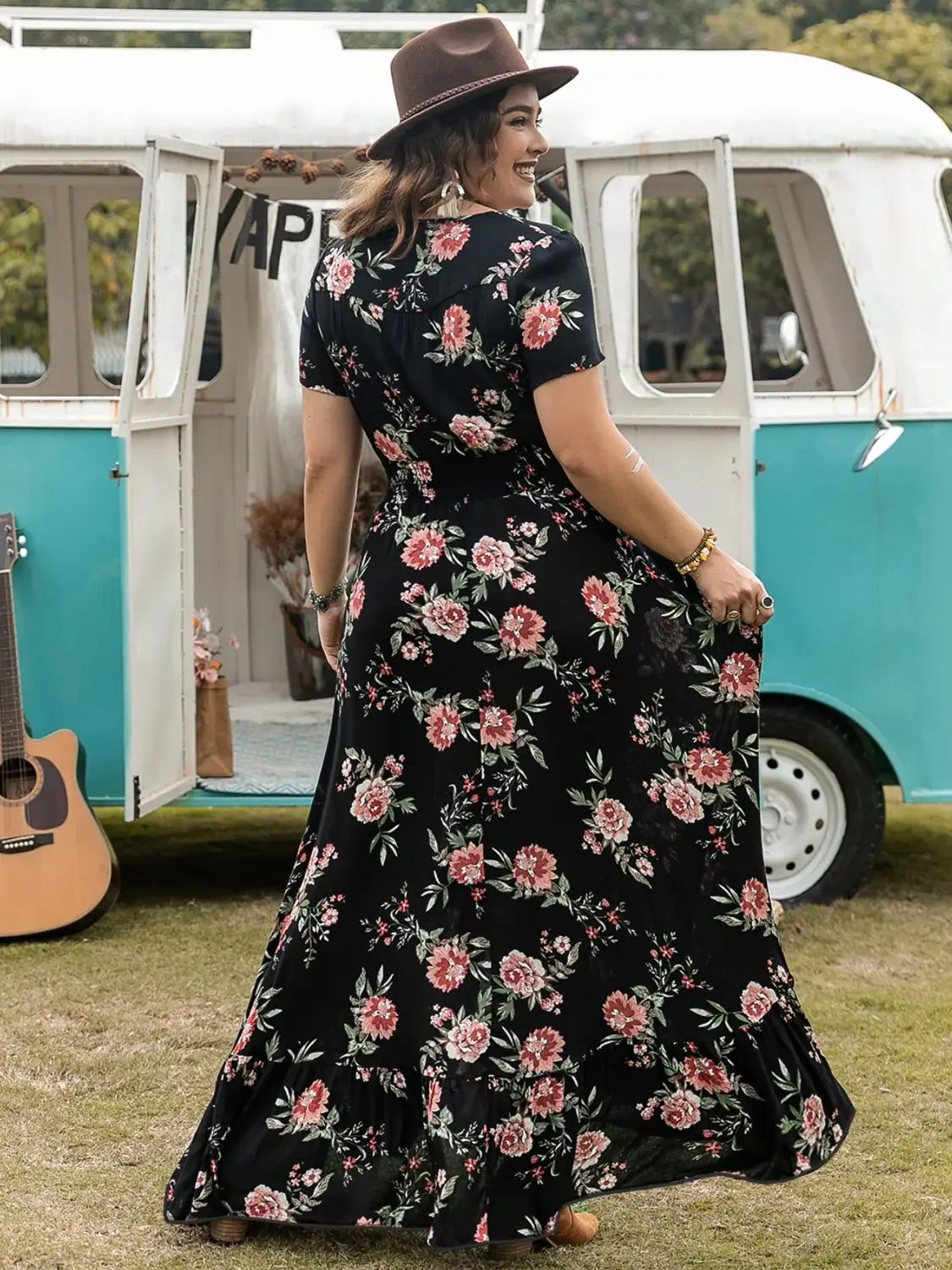 Plus Size Button Detail Printed V-Neck Short Sleeve Maxi Dress - Trendsi - Flyclothing LLC