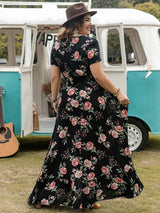 Plus Size Button Detail Printed V-Neck Short Sleeve Maxi Dress - Trendsi - Flyclothing LLC