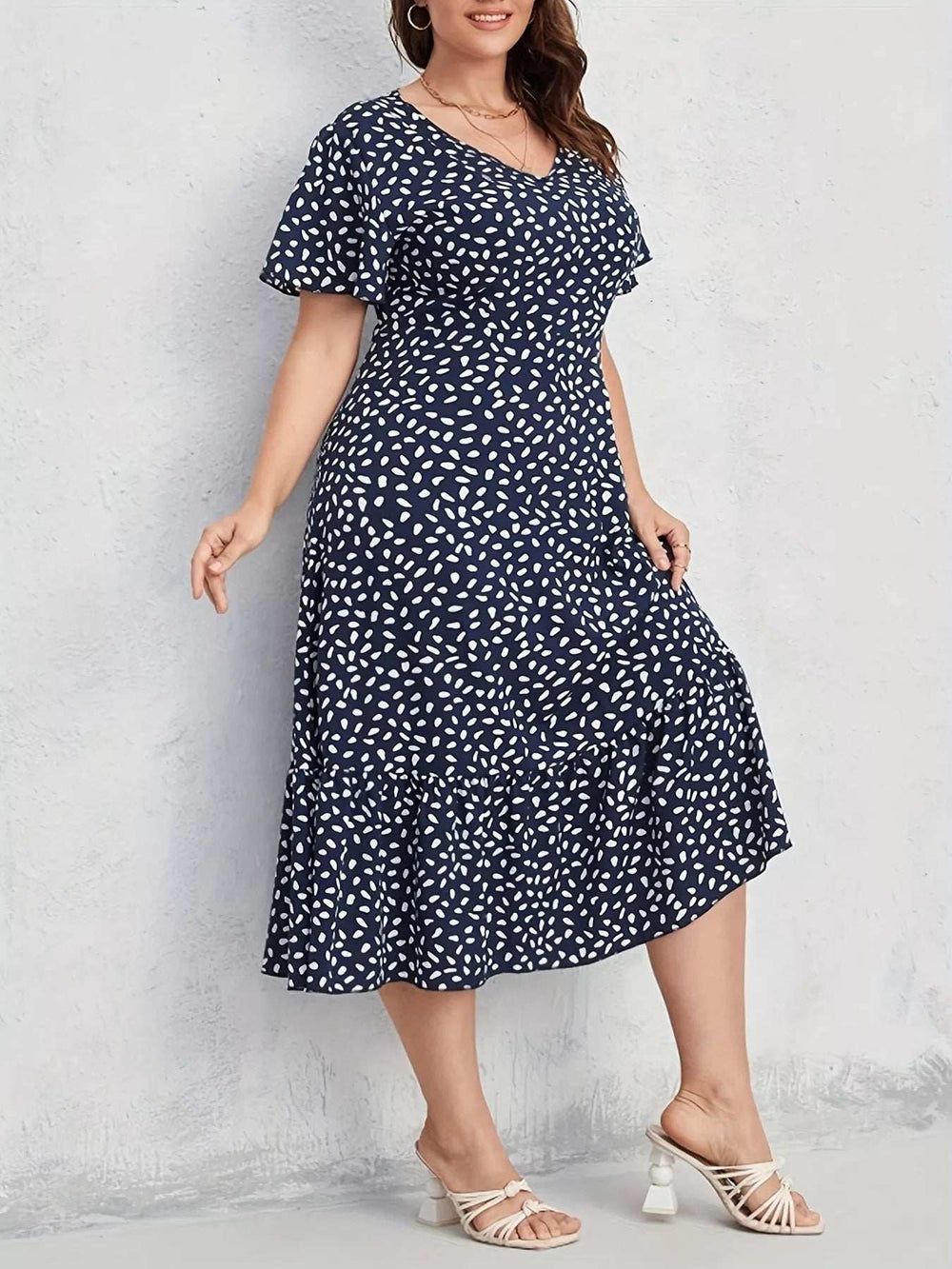 Plus Size Printed V-Neck Short Sleeve Dress - Trendsi - Flyclothing LLC