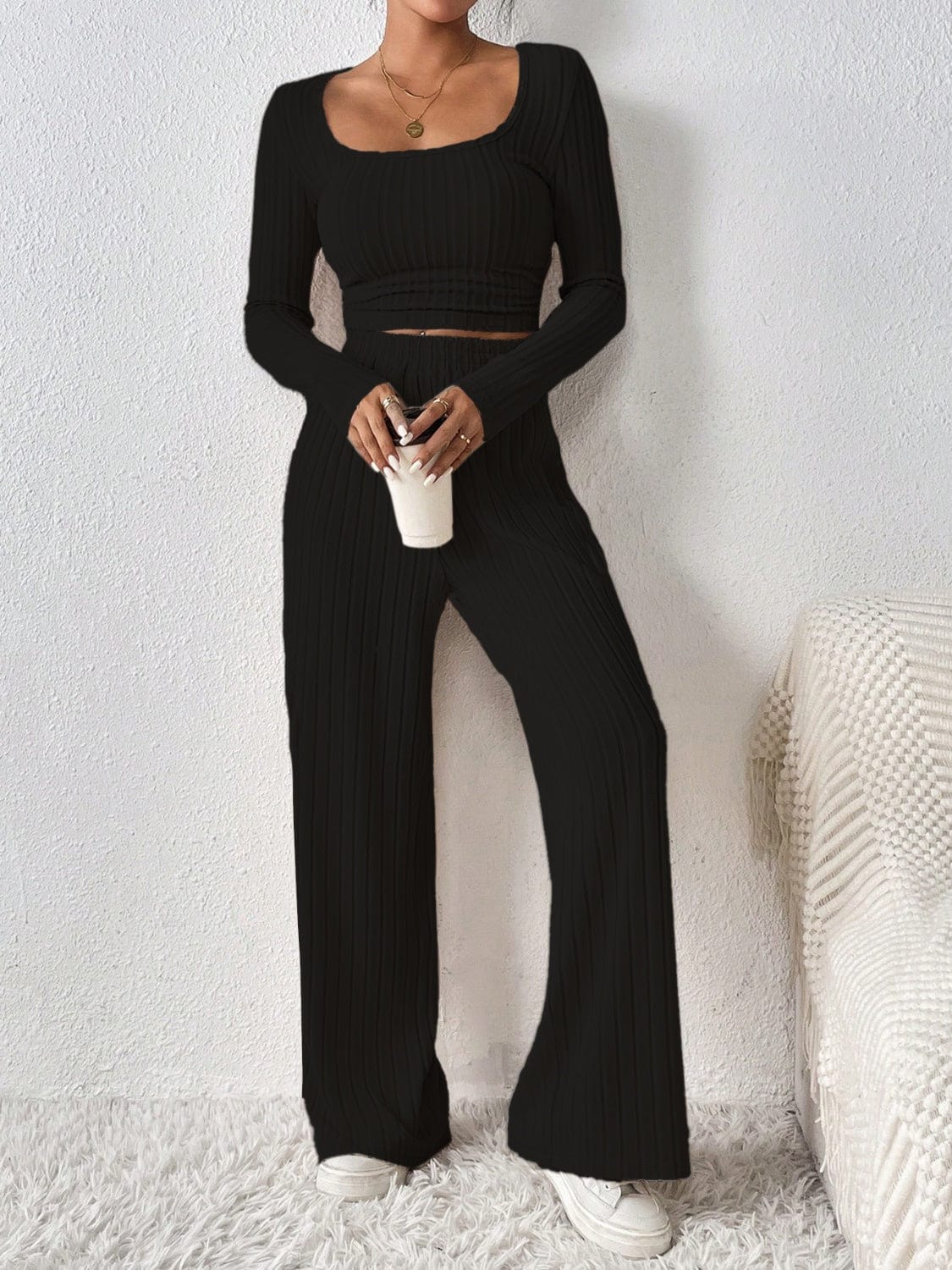 Scoop Neck Long Sleeve Top and Pants Set - Trendsi
