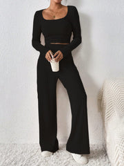 Scoop Neck Long Sleeve Top and Pants Set - Trendsi