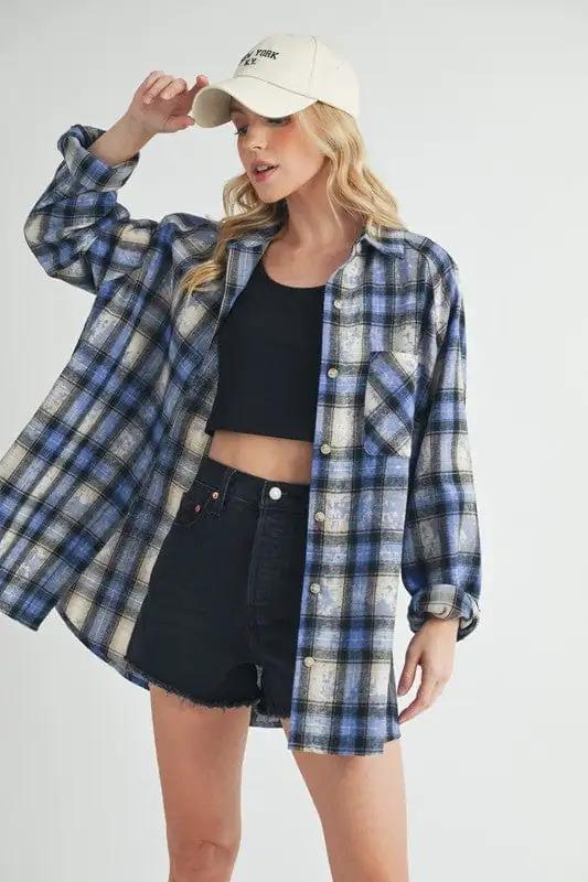 Aemi + Co Washed Plaid Button Up Raglan Sleeve Flannel Shirt - Trendsi