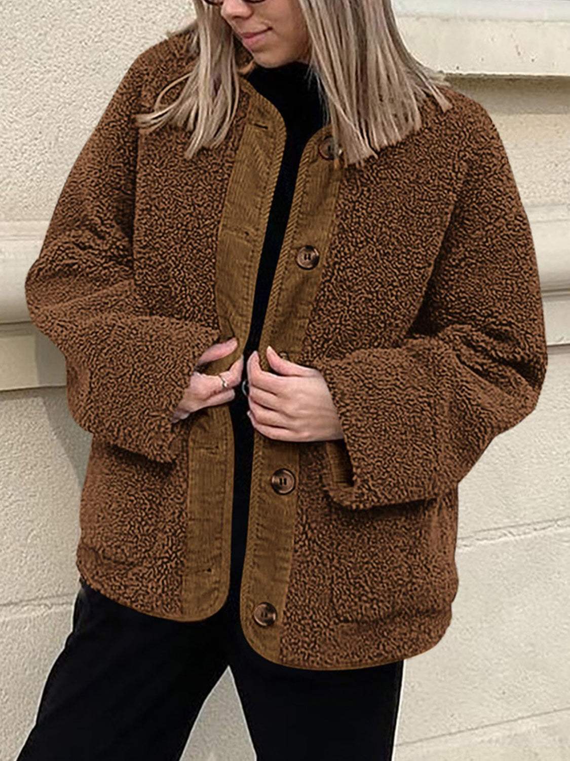 Contrast Button Up Sherpa Jacket with Pockets - Trendsi - Flyclothing LLC