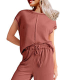 Ribbed Exposed Seam Top and Pants Set - Trendsi