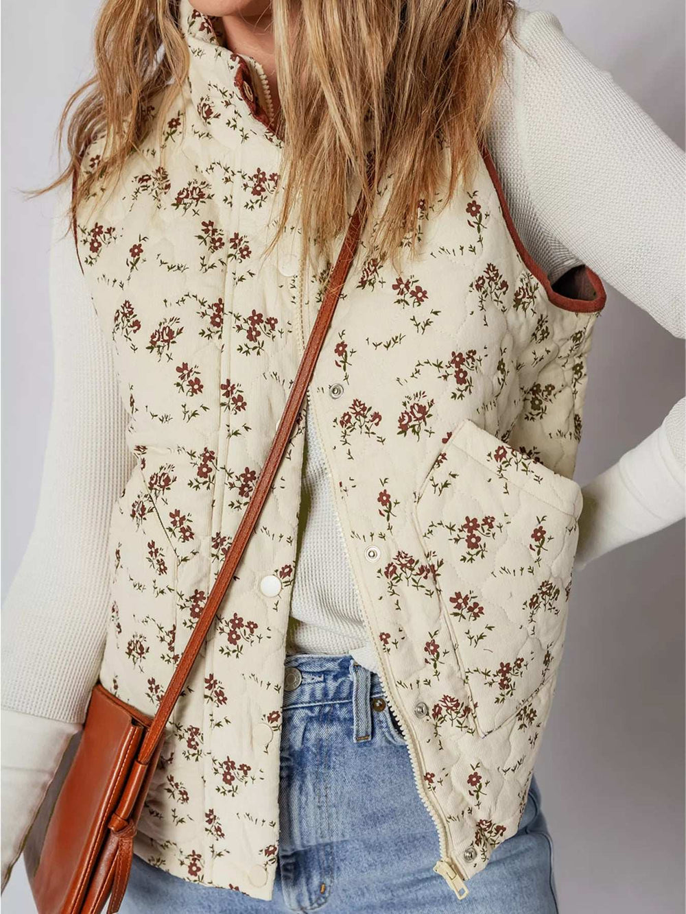Floral Print Zip Up Quilted Vest - Trendsi - Flyclothing LLC