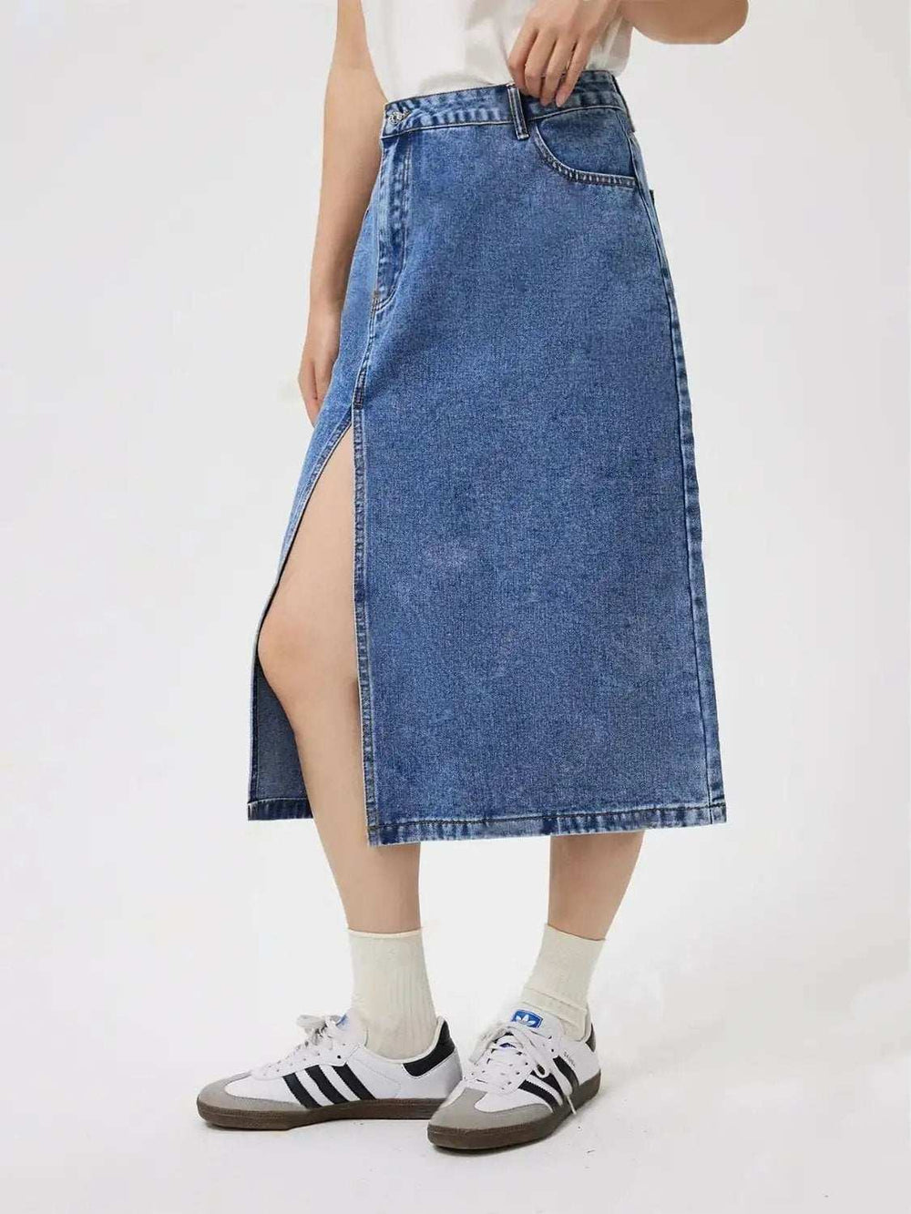 Slit Midi Denim Skirt with Pockets - Trendsi - Flyclothing LLC