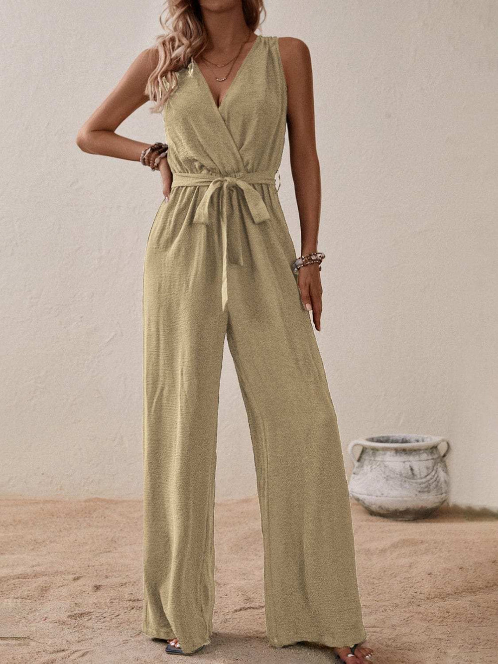 Tied Surplice Sleeveless Wide Leg Jumpsuit - Trendsi - Flyclothing LLC