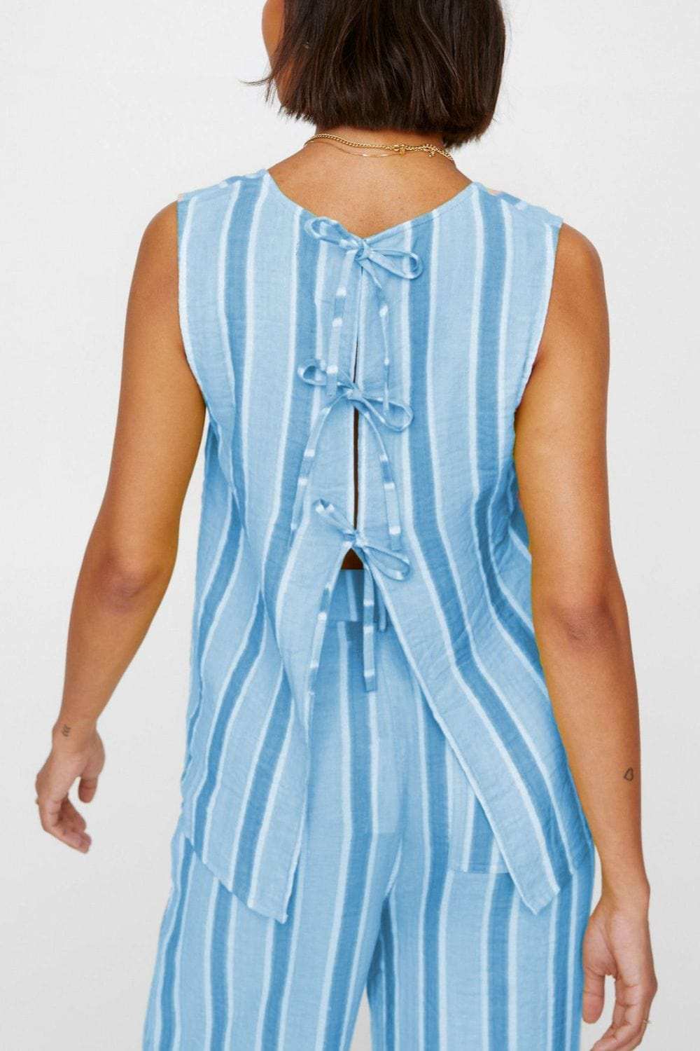 Tied Front Striped Top and Pants Set - Trendsi - Flyclothing LLC