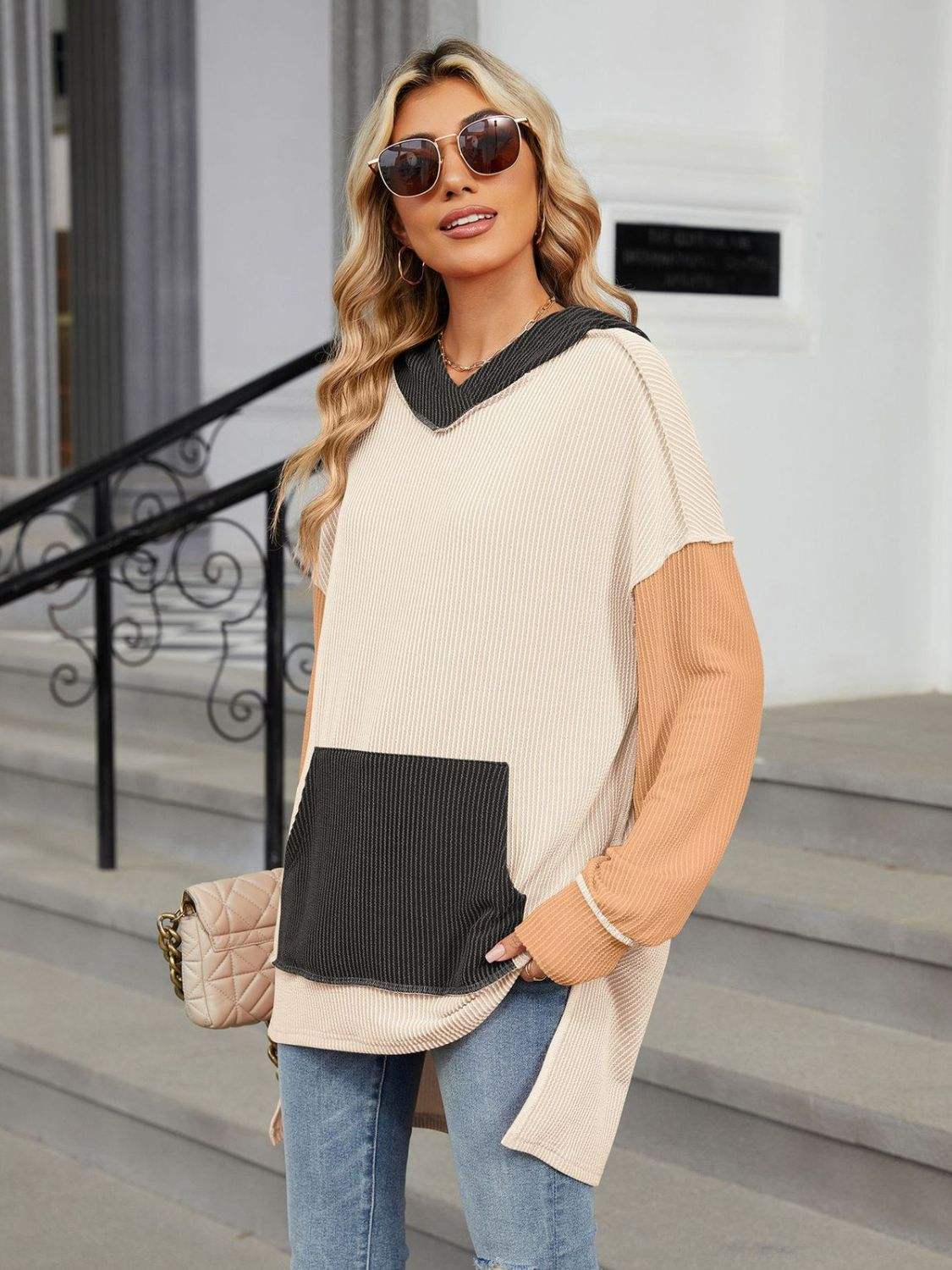 Double Take Contrast Hooded Long Sleeve Top - Trendsi - Flyclothing LLC