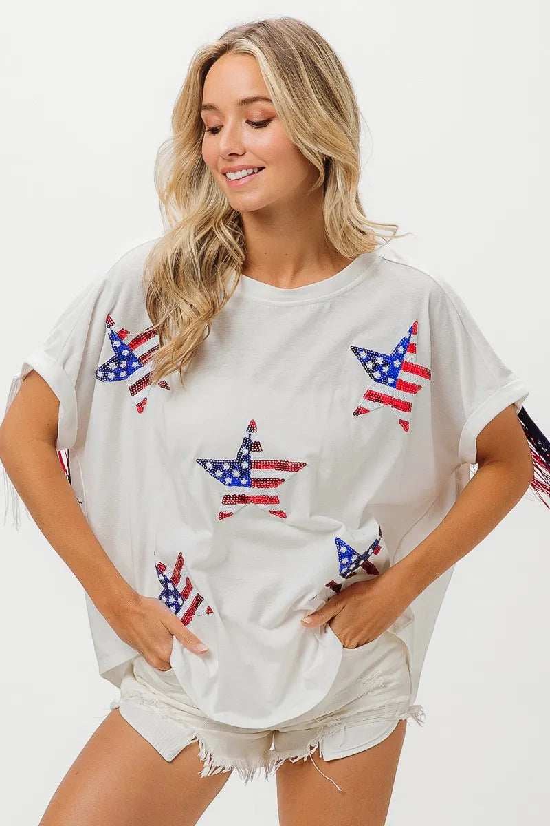 BiBi American Flag Sequin Star Fringe Top - Trendsi - Flyclothing LLC