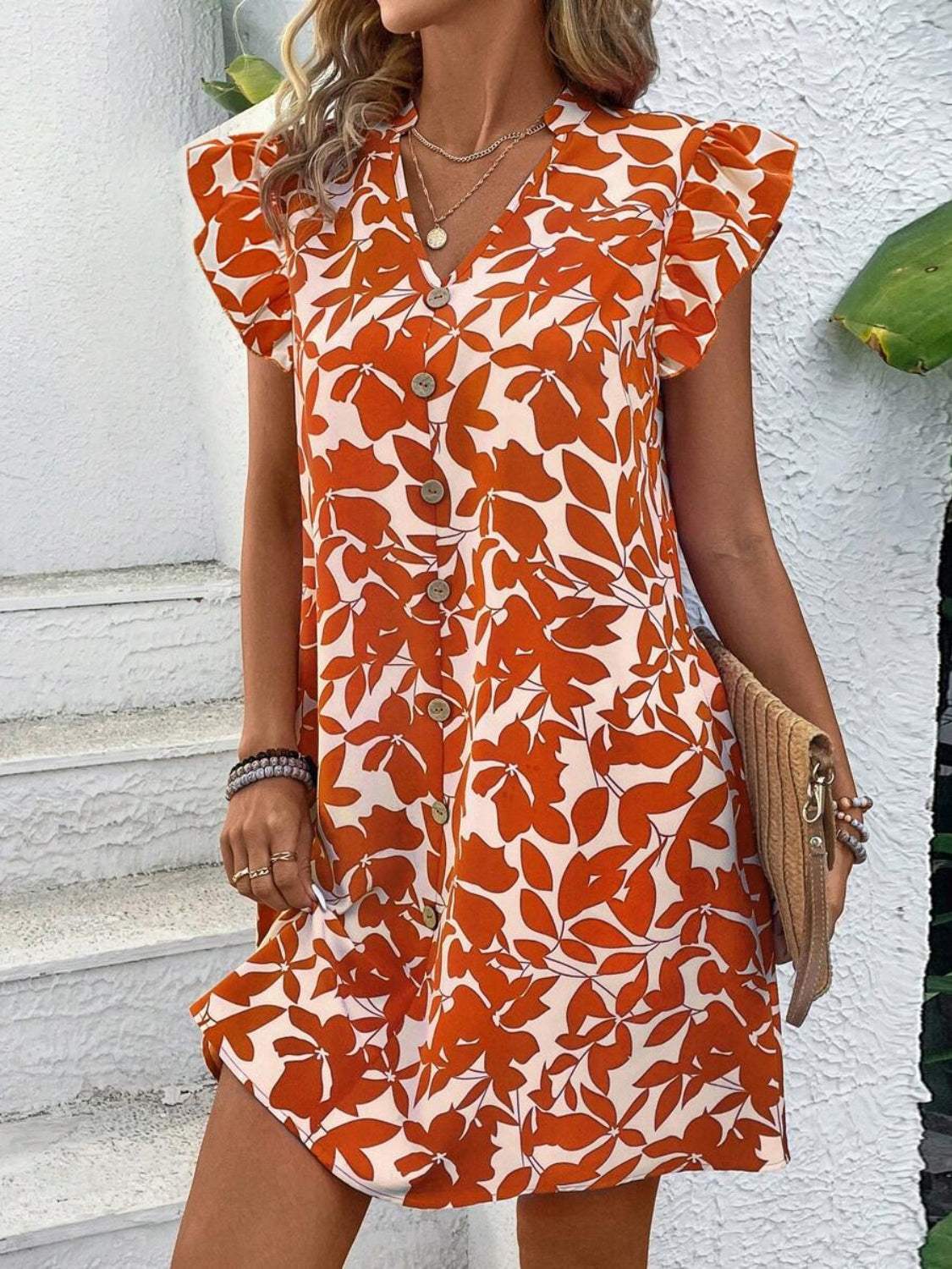 Printed Notched Cap Sleeve Mini Dress - Trendsi - Flyclothing LLC