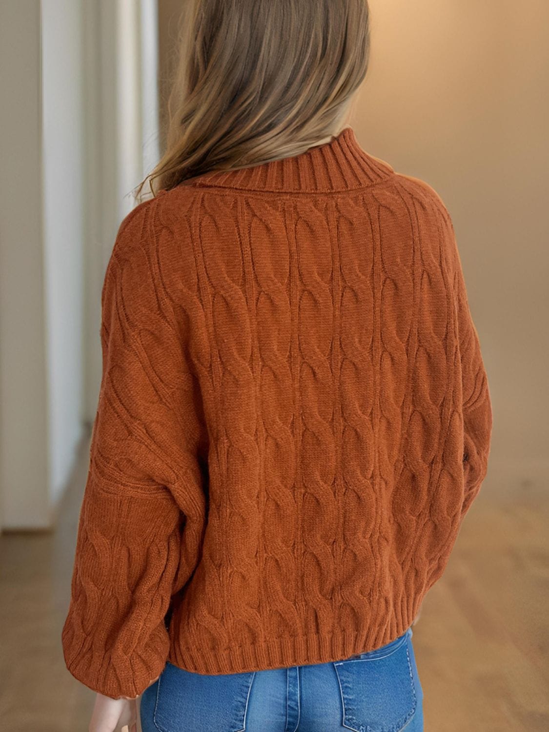 Cable-Knit Turtleneck Long Sleeve Sweater - Trendsi
