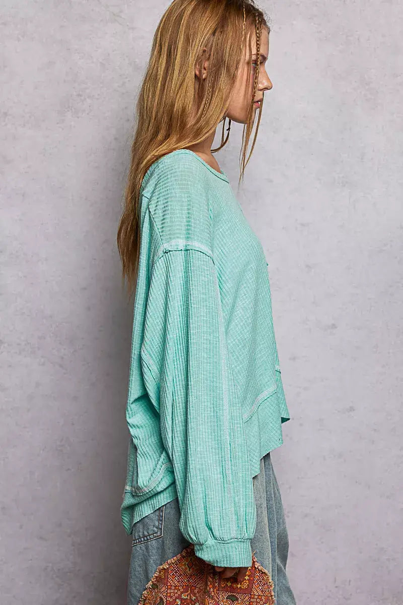 POL Round Neck Long Sleeve Exposed Seam Top with Chest Pocket - Trendsi - Flyclothing LLC