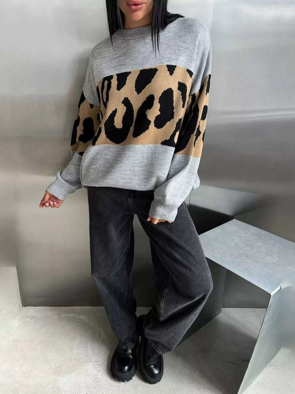 Leopard Color Block Round Neck Sweater - Trendsi - Flyclothing LLC
