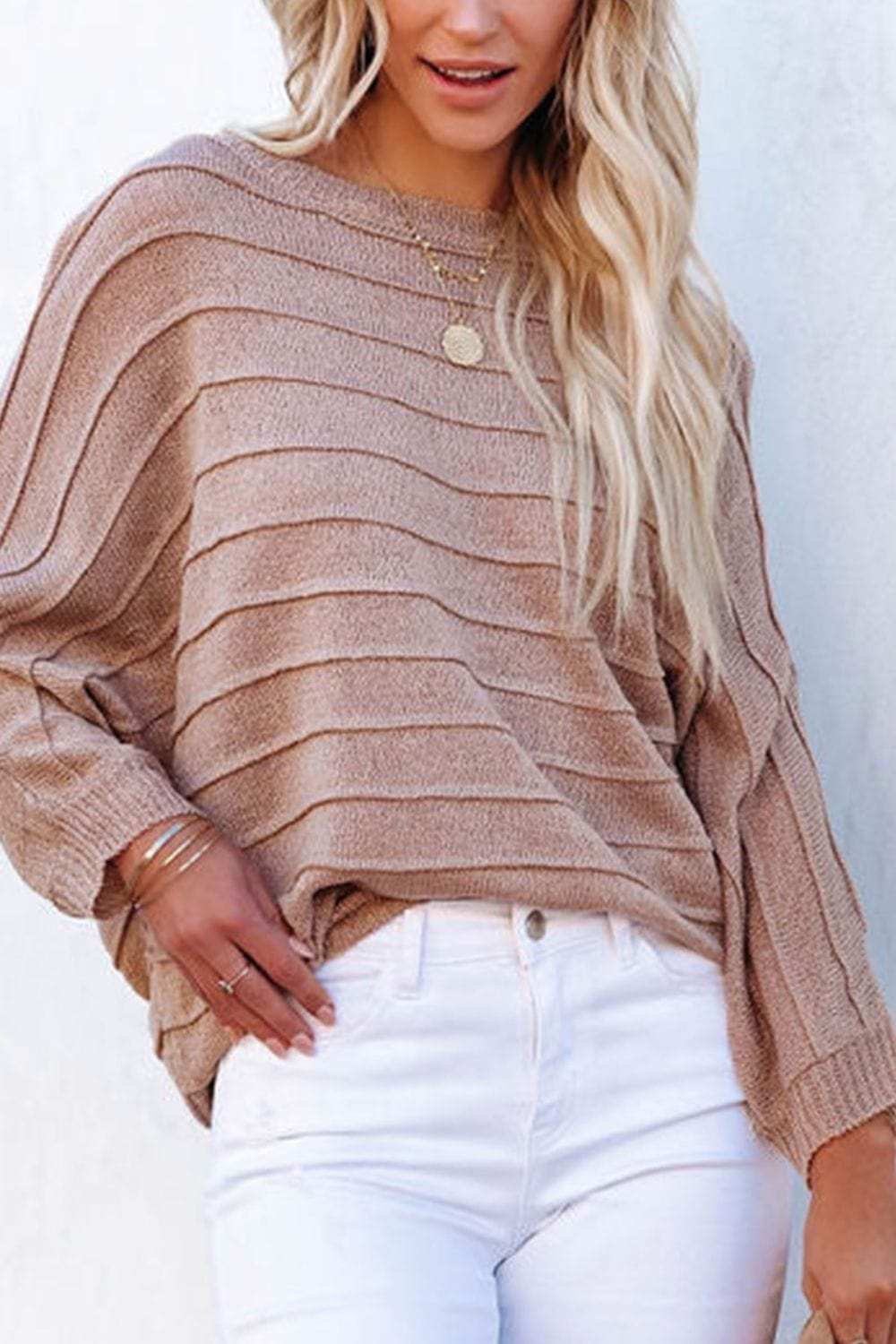 Round Neck Long Sleeve Knit Top - Trendsi - Flyclothing LLC