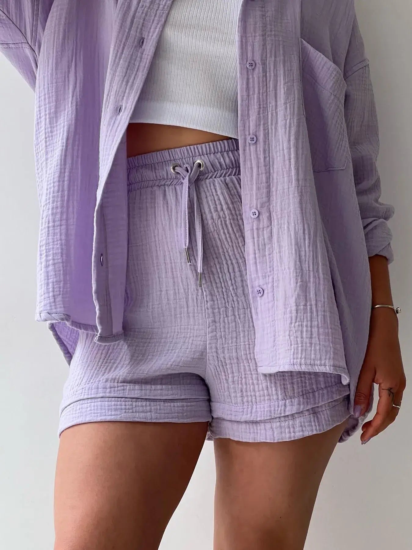 Textured Button Up Shirt and Shorts Set - Trendsi - Flyclothing LLC