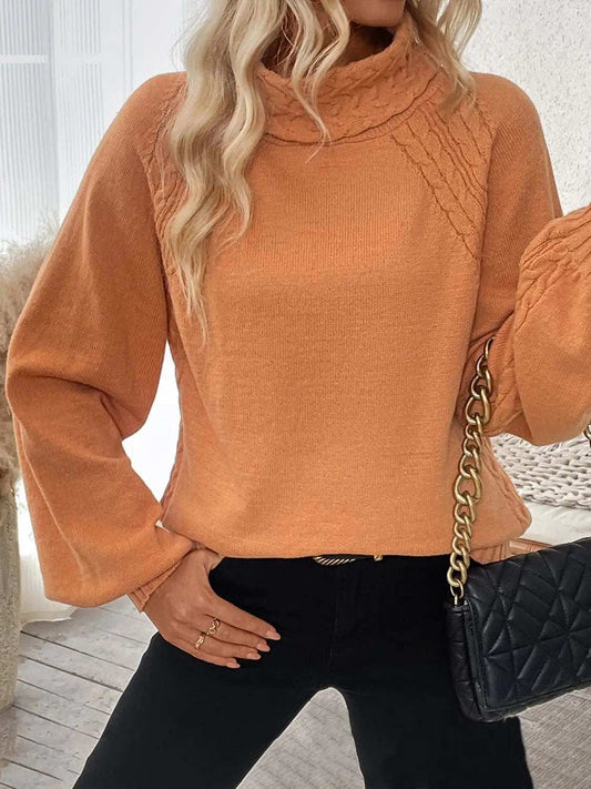 Cable-Knit Turtleneck Long Sleeve Sweater - Trendsi - Flyclothing LLC