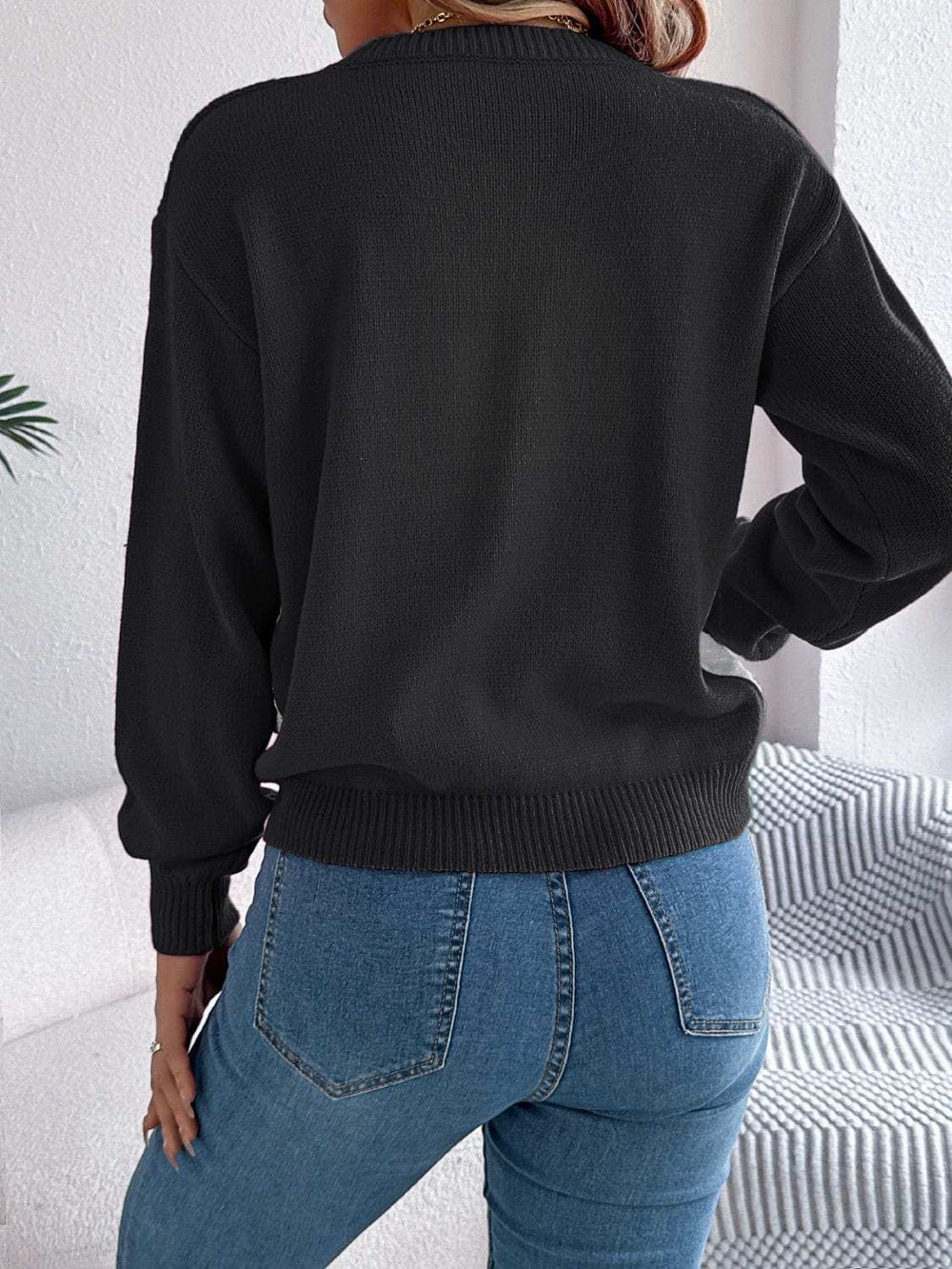 Contrast Round Neck Long Sleeve Sweater - Trendsi - Flyclothing LLC