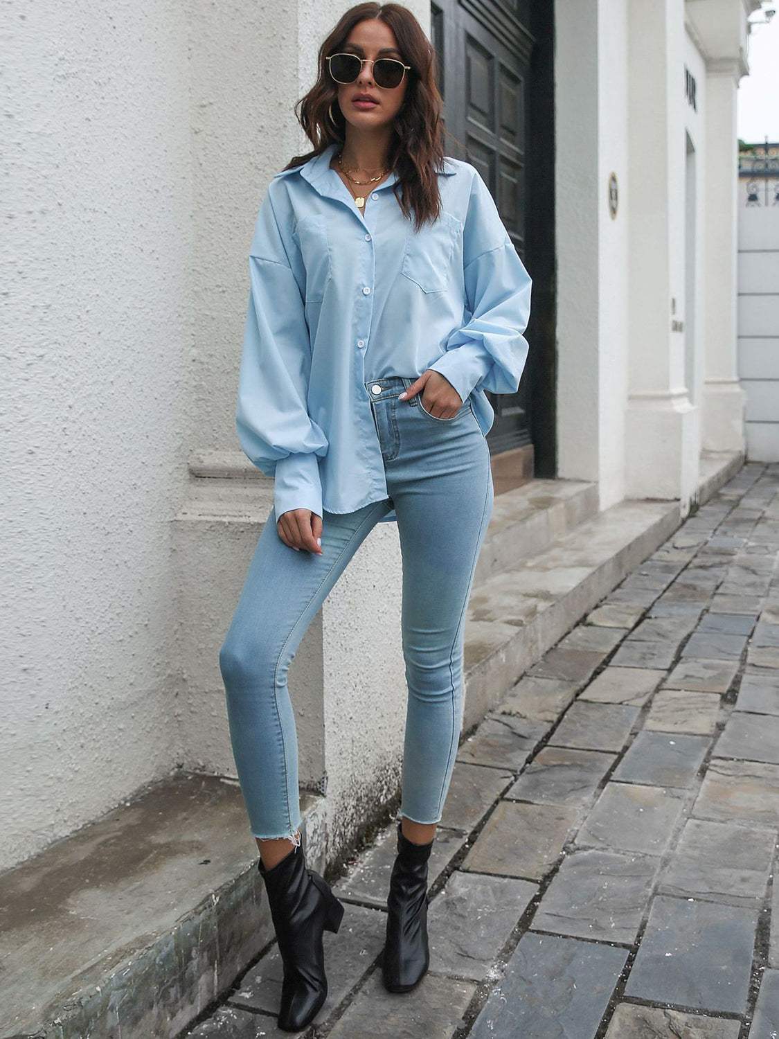 Button Up Dropped Shoulder Lantern Sleeve Shirt - Trendsi - Flyclothing LLC