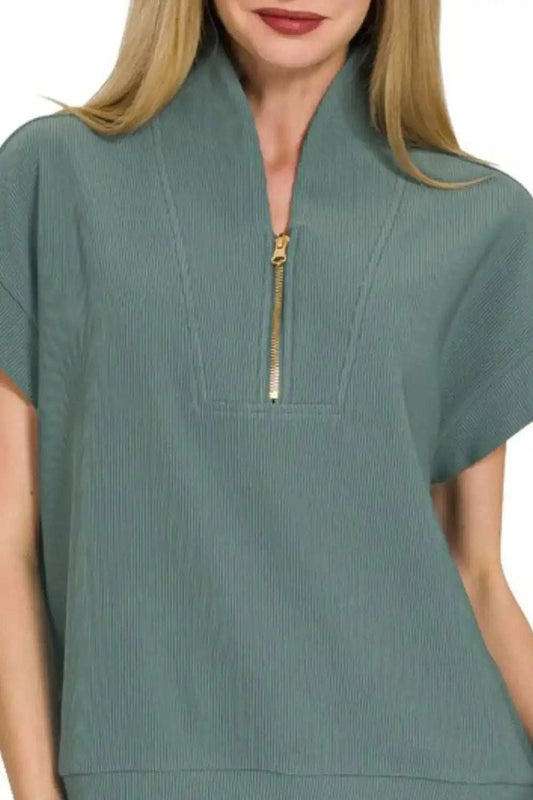 Zenana Ribbed High Neck Half Zip Top - Trendsi - Flyclothing LLC