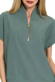 Zenana Ribbed High Neck Half Zip Top - Trendsi