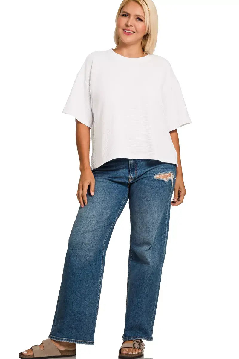 Zenana Full Size Double Knit Side Slits Hi Low Short Sleeve Top Plus Size - Trendsi - Flyclothing LLC