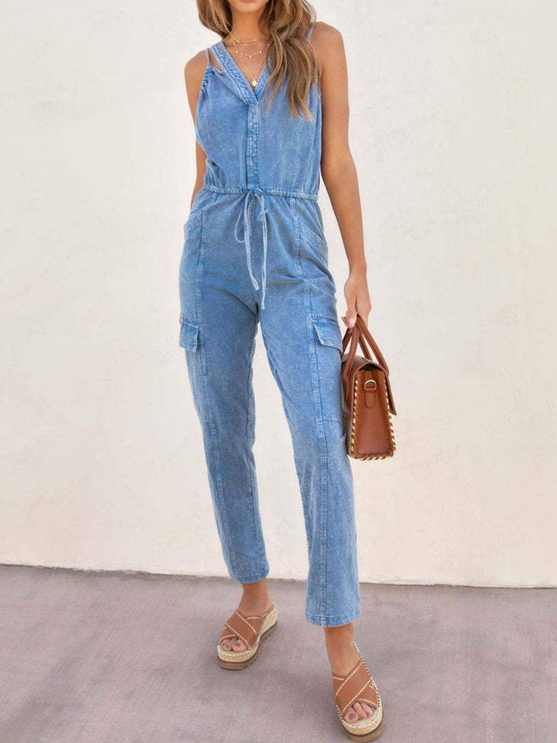 V-Neck Sleeveless Denim Jumpsuit - Trendsi - Flyclothing LLC