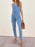 V-Neck Sleeveless Denim Jumpsuit - Trendsi - Flyclothing LLC