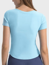 Notched Short Sleeve Active T-Shirt - Trendsi - Flyclothing LLC