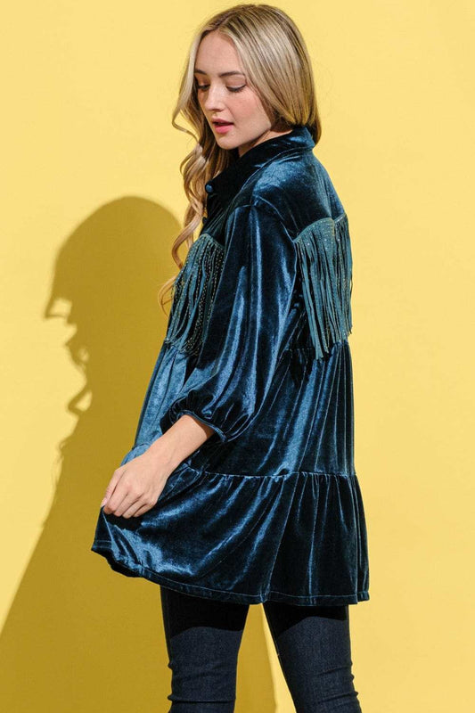 And The Why Fringe Detailed Velvet Shirt Dress - Trendsi - Flyclothing LLC