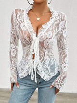 Tied V-Neck Long Sleeve Lace Top - Trendsi - Flyclothing LLC