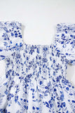 Smocked Printed Square Neck Puff Sleeve Dress - Trendsi - Flyclothing LLC