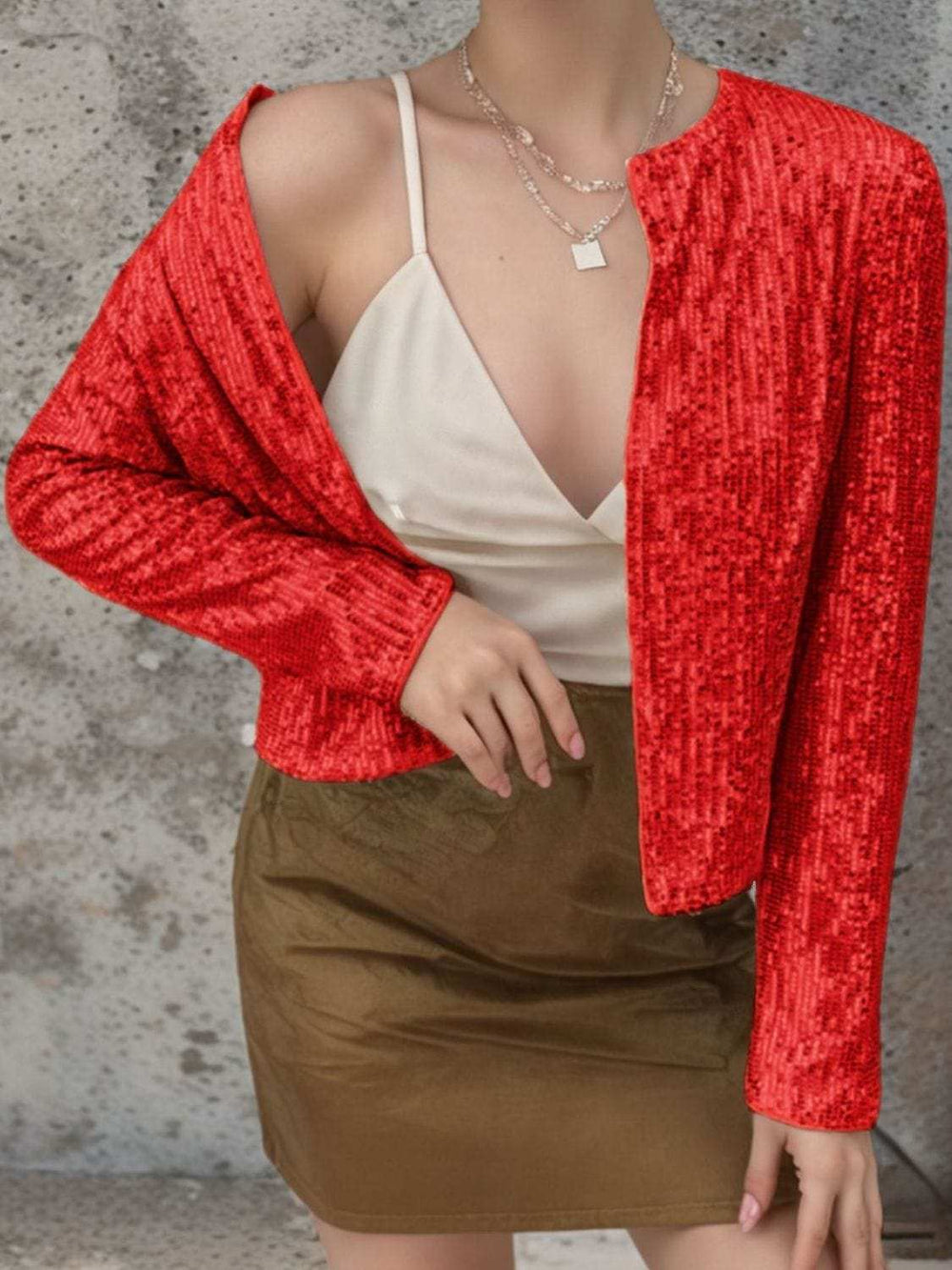 Full Size Sequin Open Front Cropped Jacket - Trendsi - Flyclothing LLC