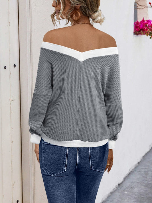 Contrast Trim Off-Shoulder Long Sleeve Sweatshirt - Trendsi