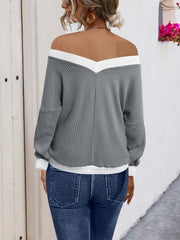 Contrast Trim Off-Shoulder Long Sleeve Sweatshirt - Trendsi
