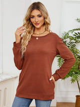 Ruched Shoulder Round Neck Long Sleeve Sweatshirt - Trendsi - Flyclothing LLC