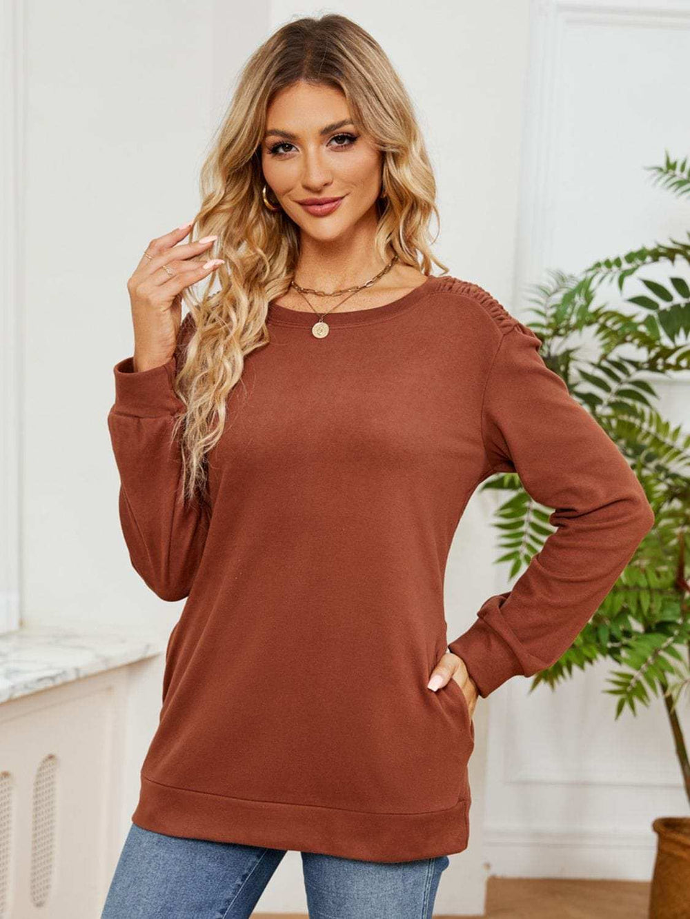 Ruched Shoulder Round Neck Long Sleeve Sweatshirt - Trendsi - Flyclothing LLC