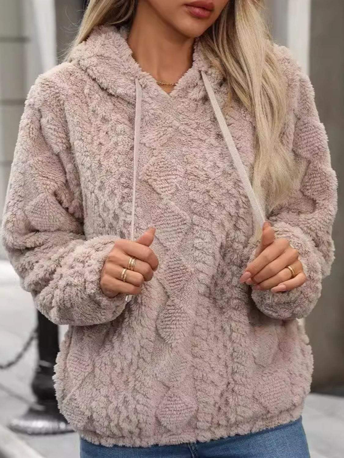 Drawstring Long Sleeve Plush Hoodie - Trendsi - Flyclothing LLC