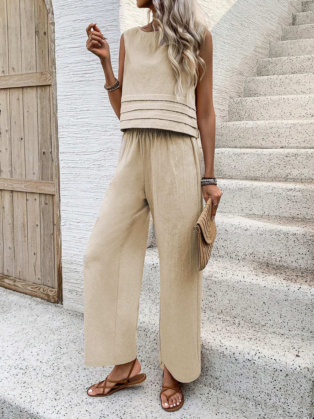 Round Neck Sleeveless Top and Wide Leg Pants Set - Trendsi - Flyclothing LLC