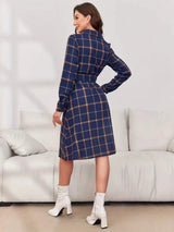 Plaid Tie Waist Long Sleeve Dress - Trendsi - Flyclothing LLC